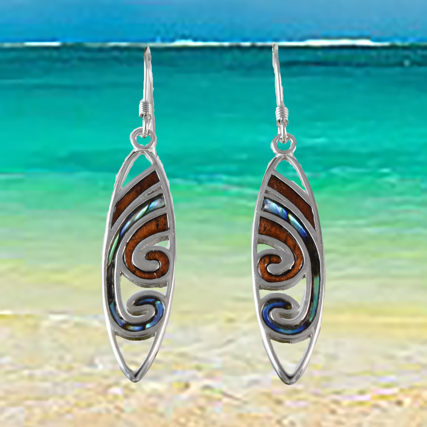 Unique Silver Wave Koa Wood Abalone Earrings - Hawaii Treasures Shop