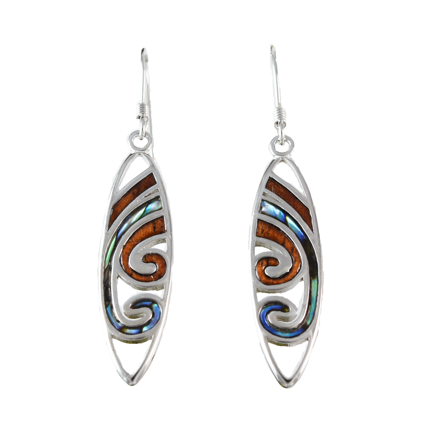 Unique Silver Wave Koa Wood Abalone Earrings - Hawaii Treasures Shop