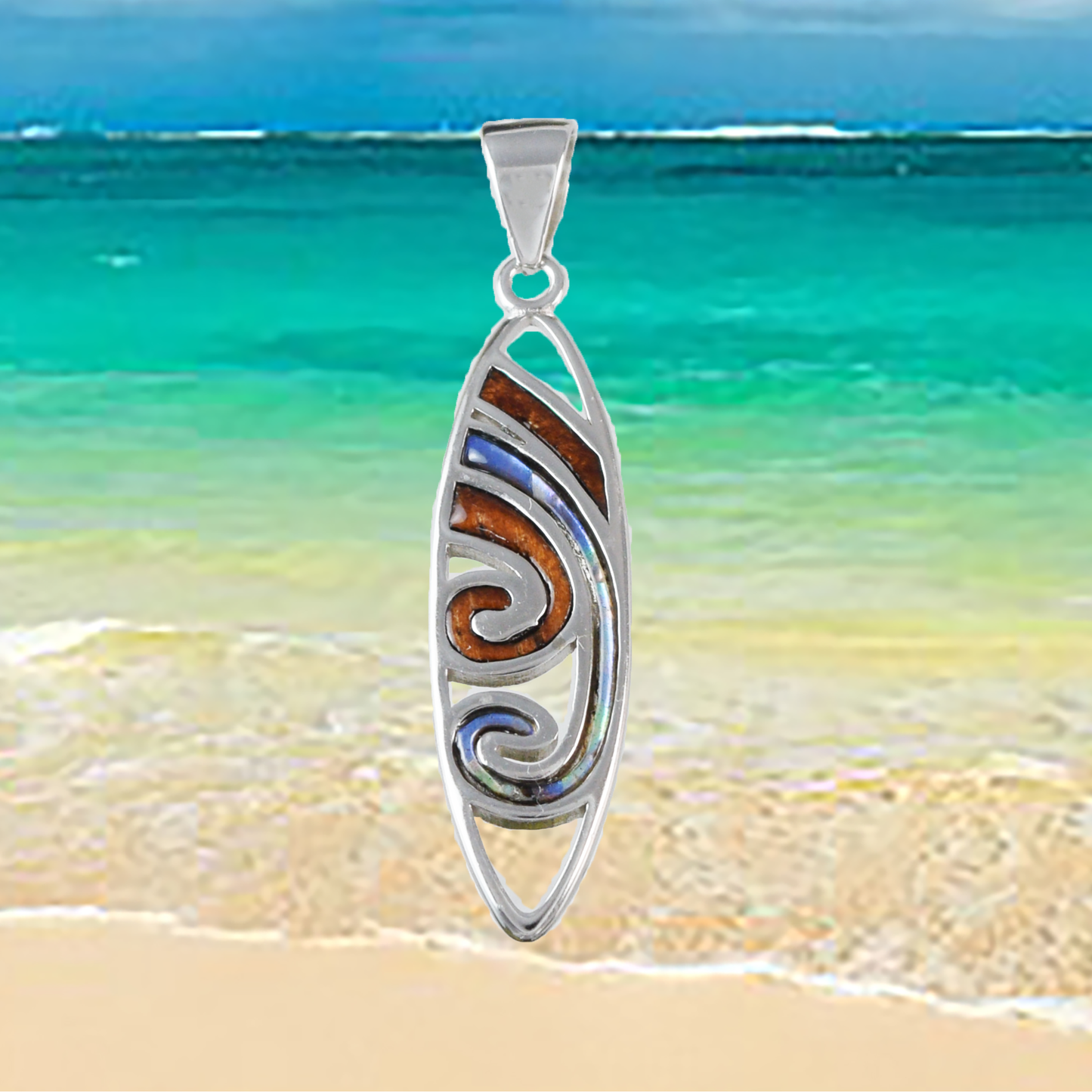 Unique Silver Wave Wood Abalone Necklace - Hawaii Treasures Shop