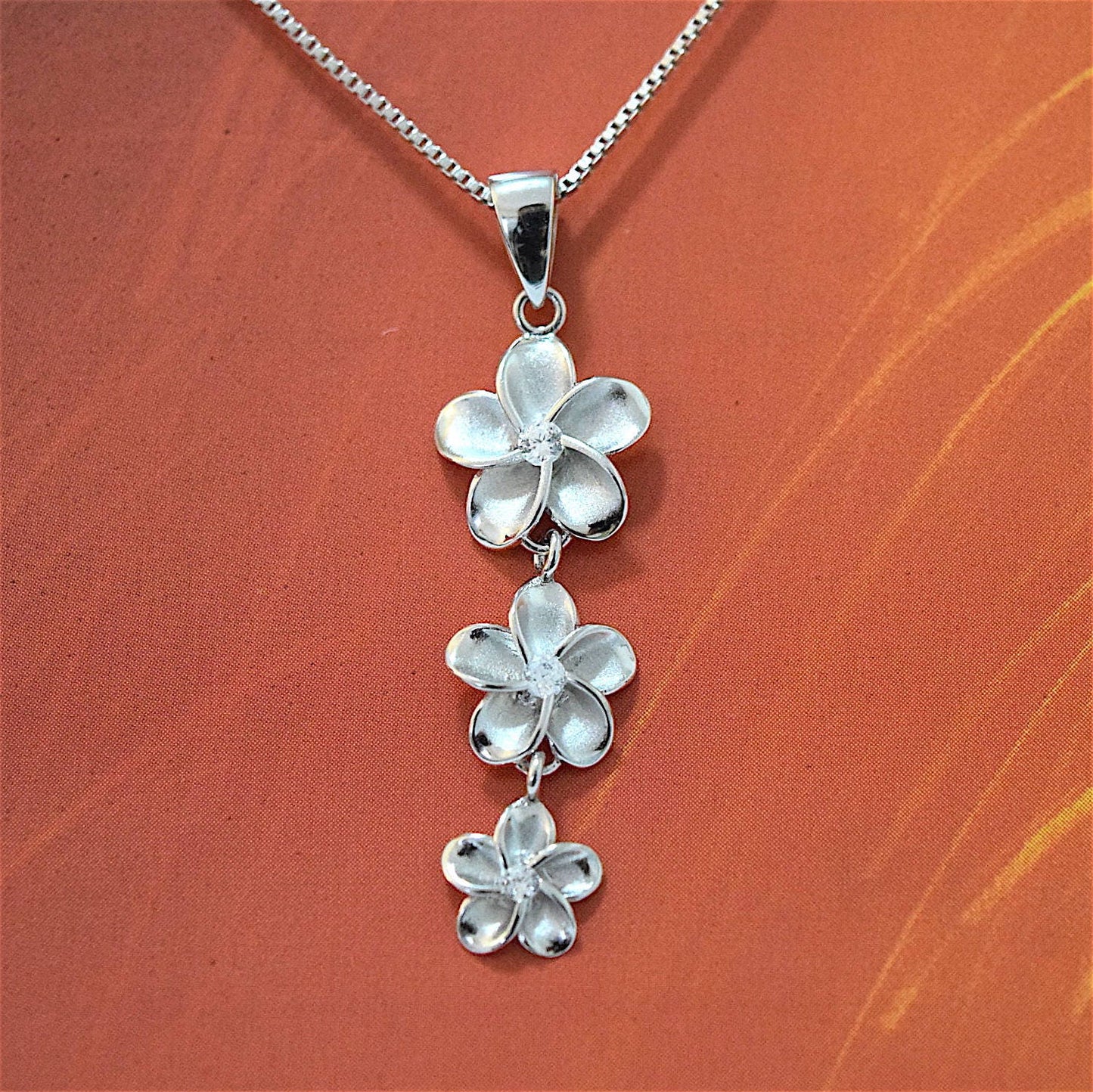 Hawaiian 3 Plumeria Pendant, Sterling Silver 3 Plumeria CZ Pendant, Hawaiian Jewelry, Christmas Anniversary Birthday Gift