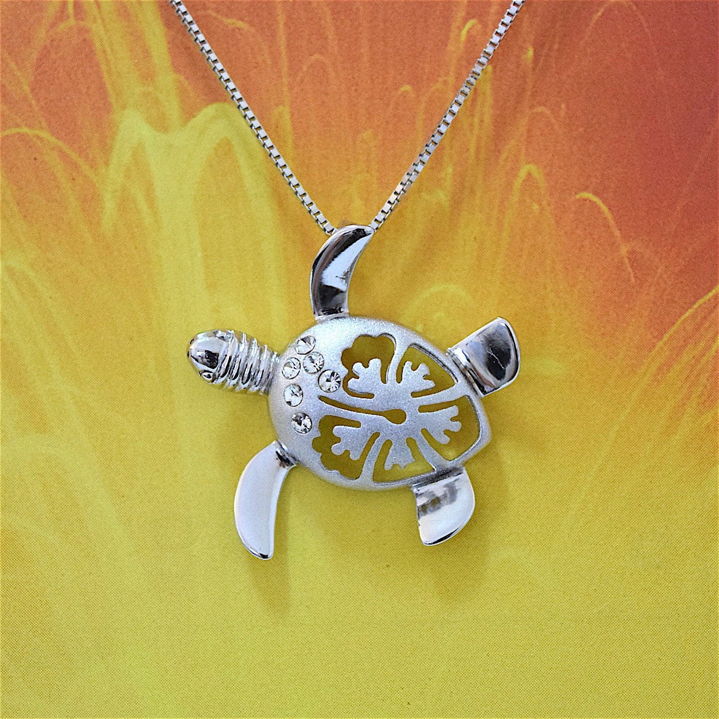 Hawaiian Sea Turtle Hibiscus Pendant, Sterling Silver Turtle W. Hibiscus CZ Pendant, Christmas Anniversary Birthday Gift