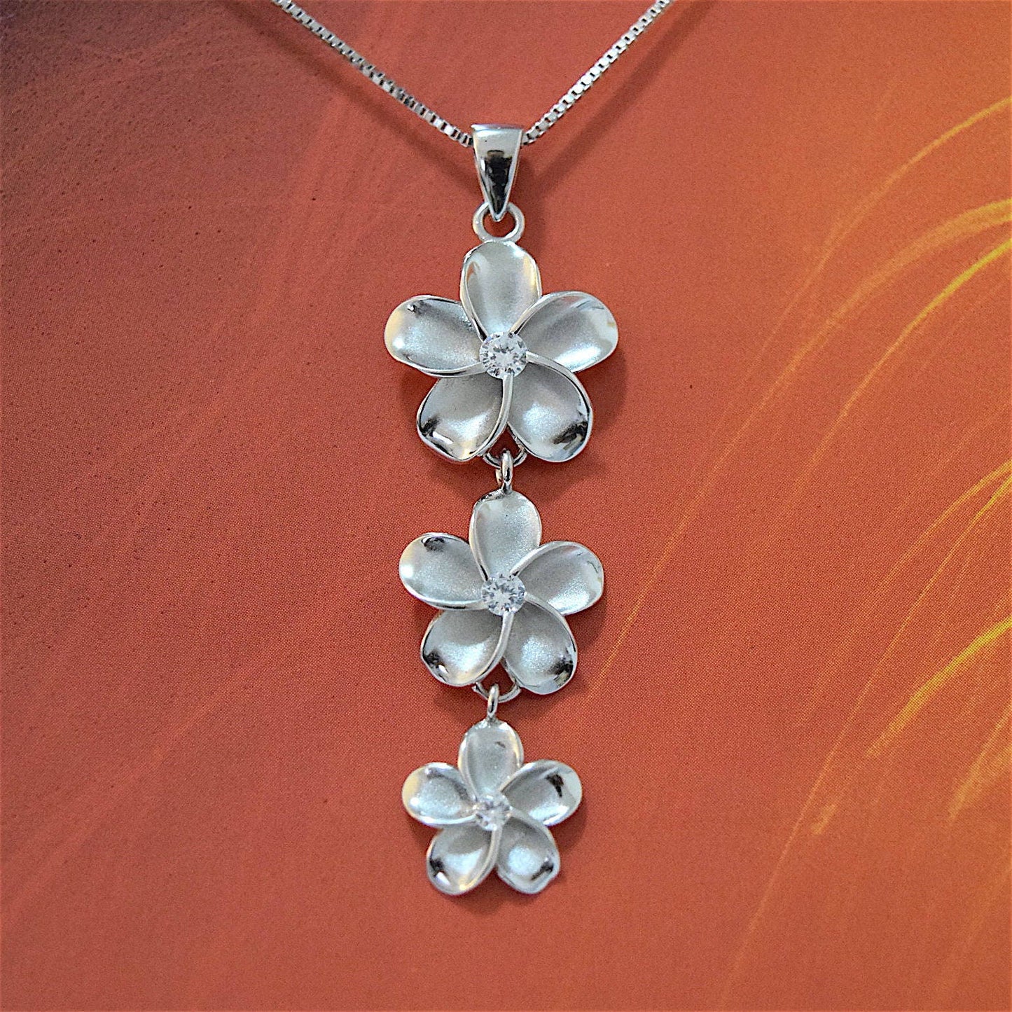 Hawaiian Large 3 Plumeria Pendant, Sterling Silver 3 Plumeria CZ Pendant, Hawaiian Jewelry, Christmas Anniversary Birthday Gift