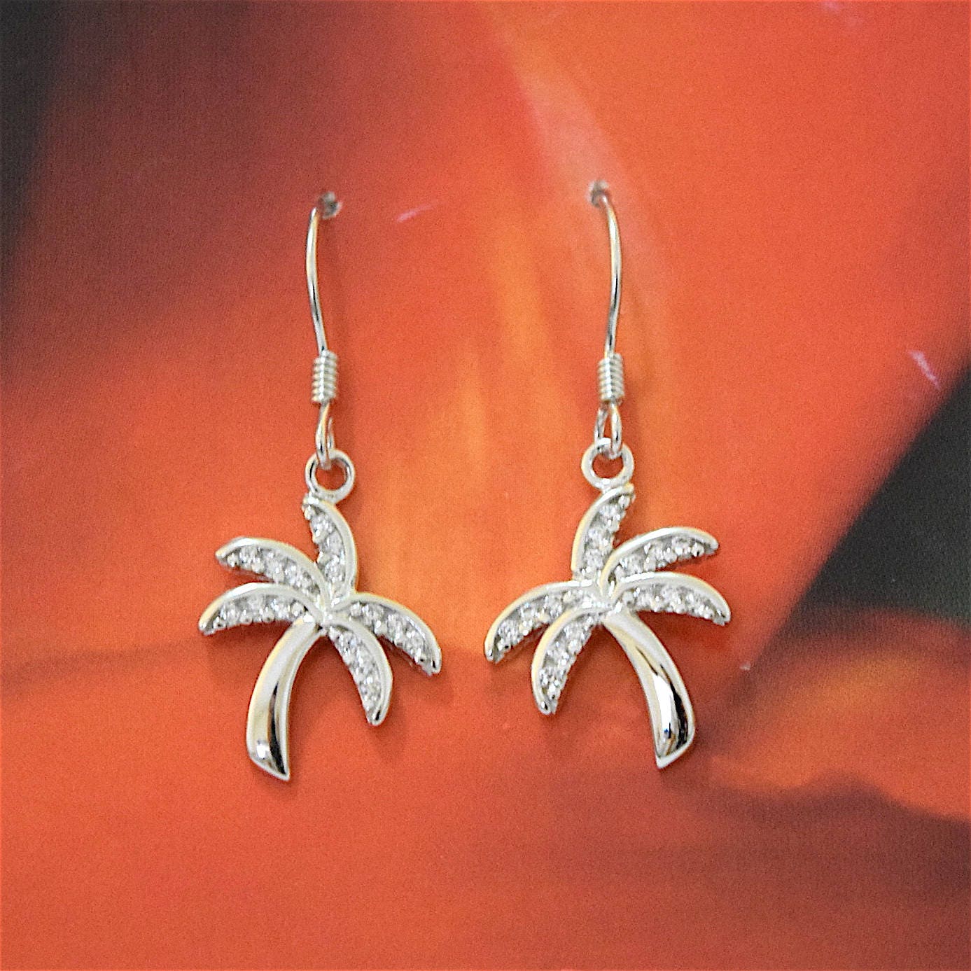 Hawaiian Palm Tree Earrings, Sterling Silver Palm Tree W. CZ Dangle Earrings, W54022, Hawaiian Jewelry Christmas Present, Birthday Gift