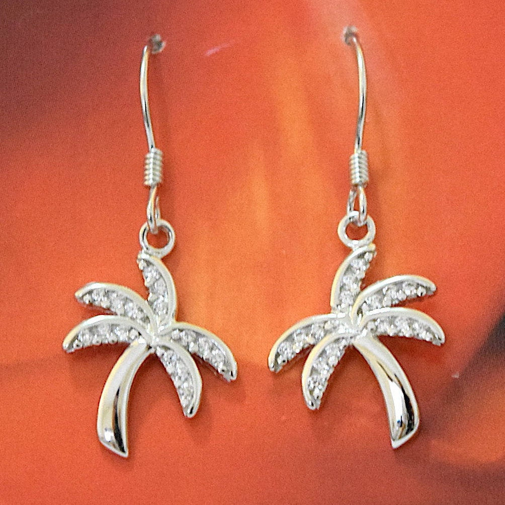 Hawaiian Palm Tree Earrings, Sterling Silver Palm Tree W. CZ Dangle Earrings, W54022, Hawaiian Jewelry Christmas Present, Birthday Gift