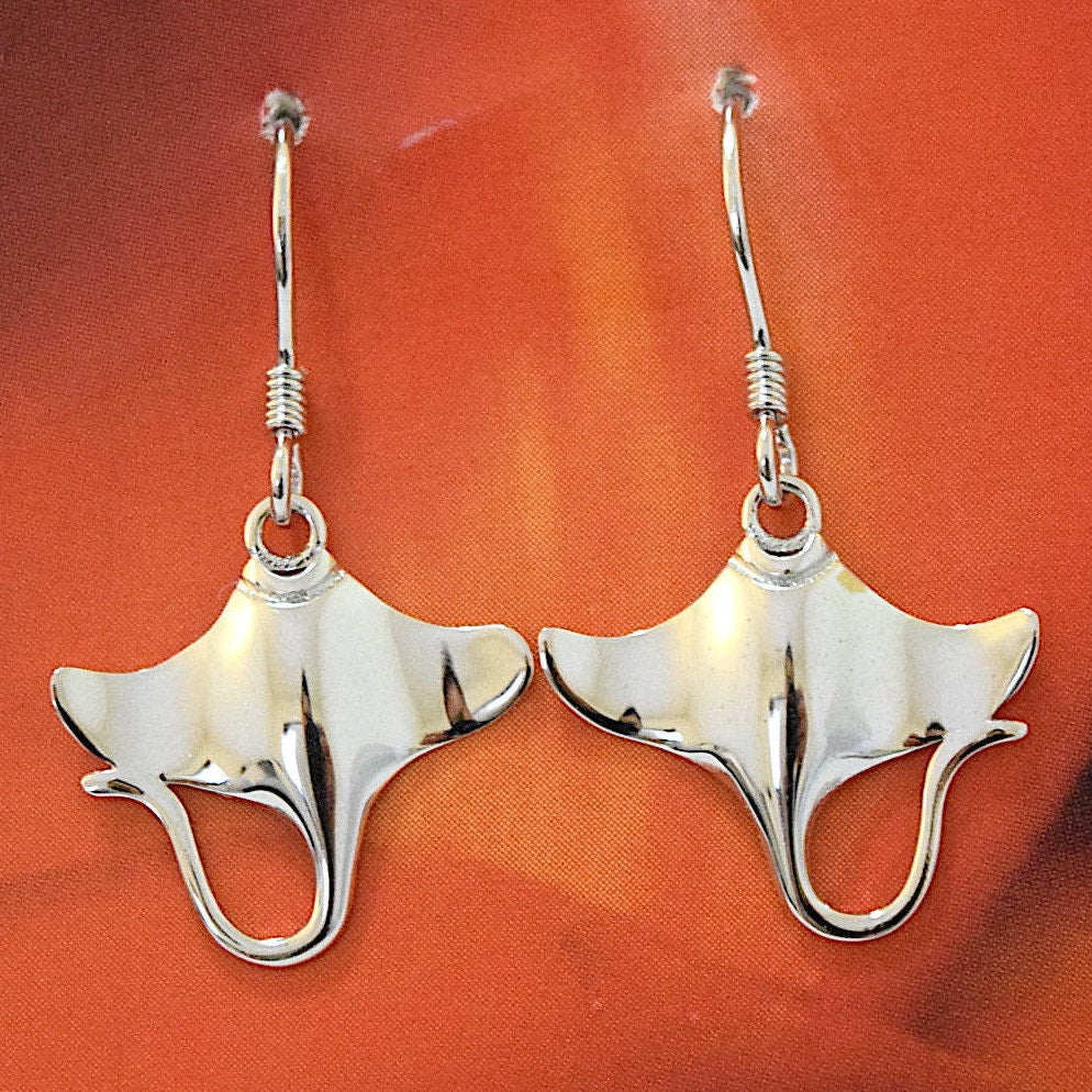 Hawaiian Manta Ray Earrings, Sterling Silver Manta Ray Dangle Earrings, Hawaiian Jewelry, Christmas Anniversary Birthday Gift