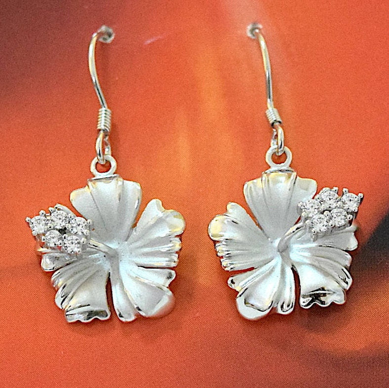 Hawaiian State Flower Hibiscus Earrings, Sterling Silver Hibiscus CZ Dangle Earrings, Christmas Anniversary Birthday Gift
