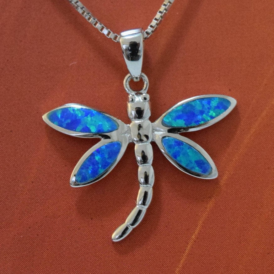 Hawaiian Blue Opal Dragonfly Pendant, Sterling Silver Blue Opal Inlay Dragonfly Pendant, Christmas Present, Birthday Gift