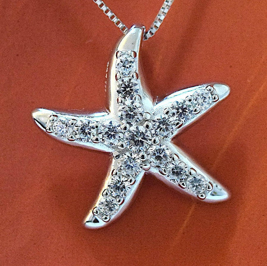 Hawaiian Large Starfish Pendant, Sterling Silver Star Fish CZ Pendant, Hawaiian Jewelry, Christmas Anniversary Mom Birthday Gift