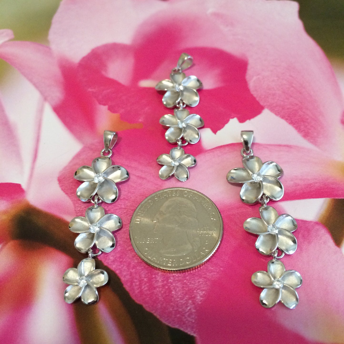 Hawaiian Large 3 Plumeria Pendant, Sterling Silver 3 Plumeria CZ Pendant, Hawaiian Jewelry, Christmas Anniversary Birthday Gift