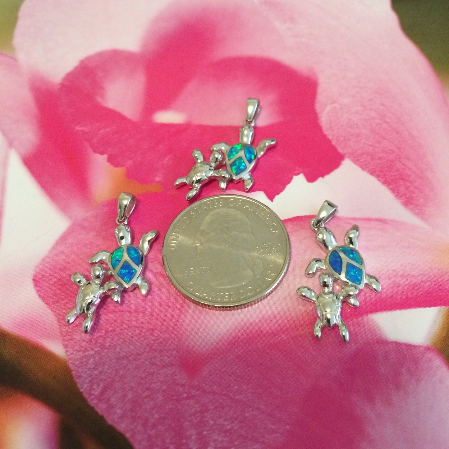Hawaiian Blue Opal Mom & Small Sea Turtle Pendant, Sterling Silver Blue Opal 2 Turtle CZ Eye Pendant, Christmas Birthday Mom Gift
