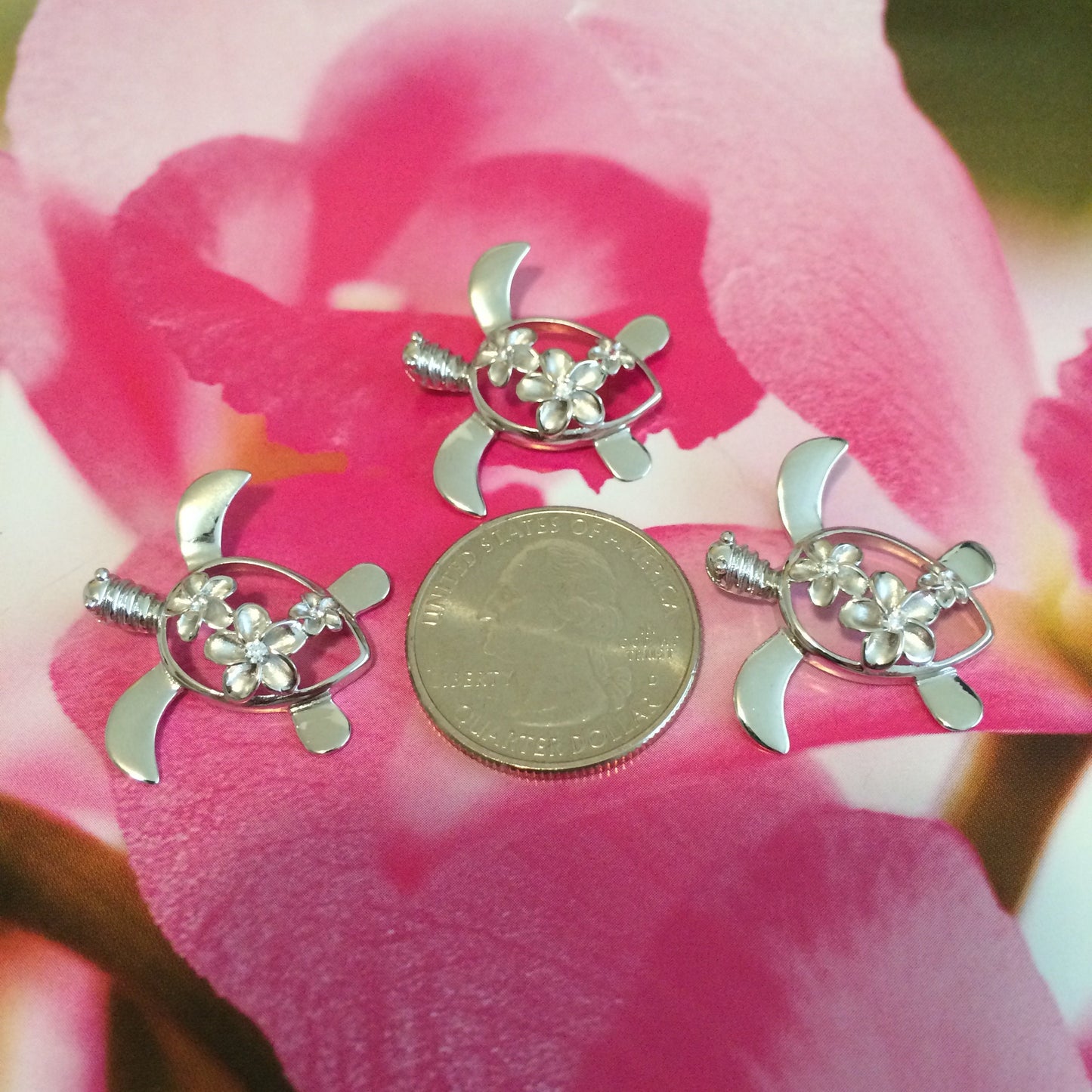 Hawaiian Sea Turtle 3 Plumeria Pendant, Sterling Silver Turtle 3 Plumeria CZ Pendant, Hawaiian Jewelry, Christmas Mom Birthday Gift