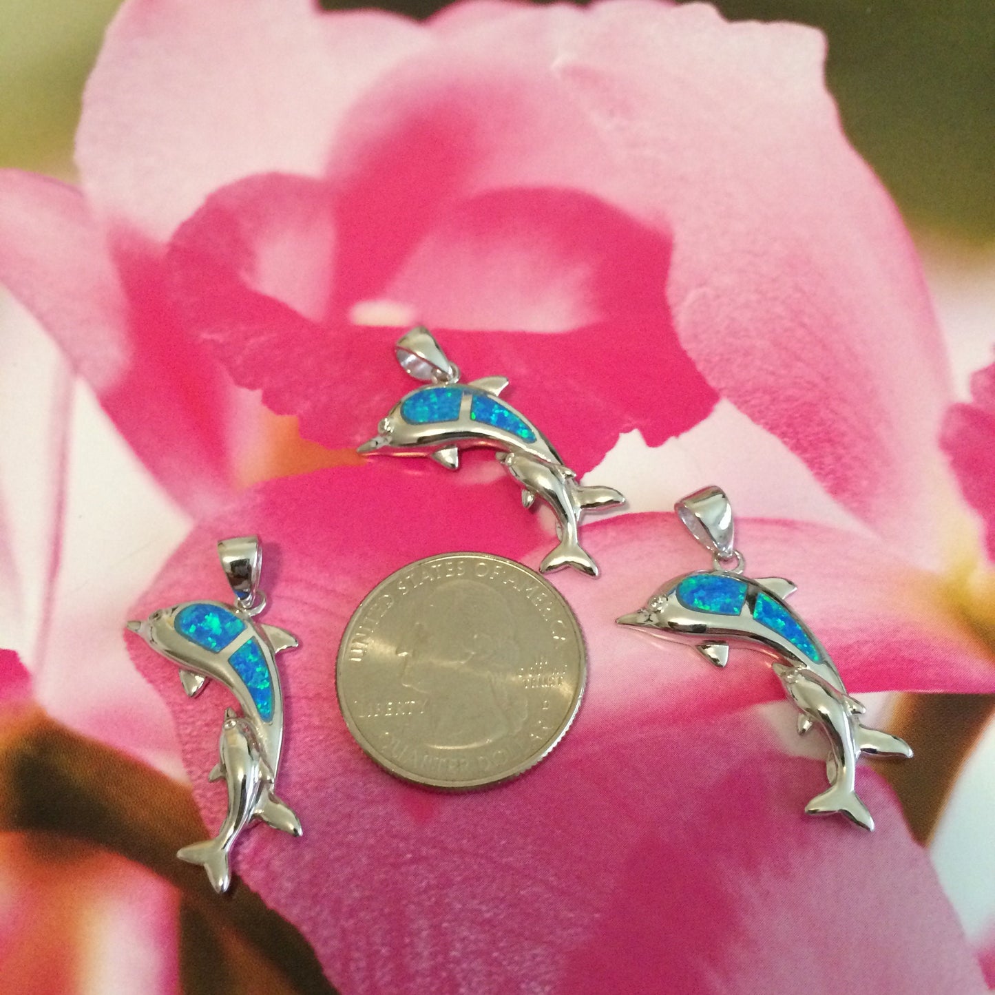 Hawaiian Large Blue Opal Mom & Small Dolphin Pendant, Sterling Silver Blue Opal 2 Dolphin CZ Eye Pendant, Birthday Gift
