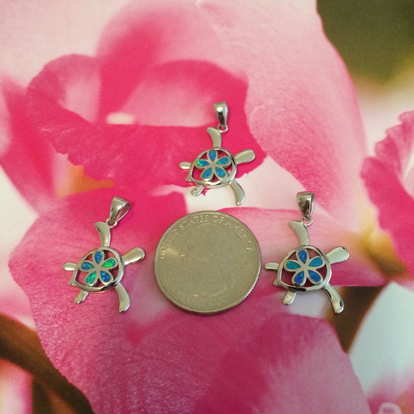 Hawaiian Blue Opal Plumeria Turtle Pendant, Sterling Silver Turtle Blue Opal Plumeria Pendant, Christmas Mom Birthday Gift