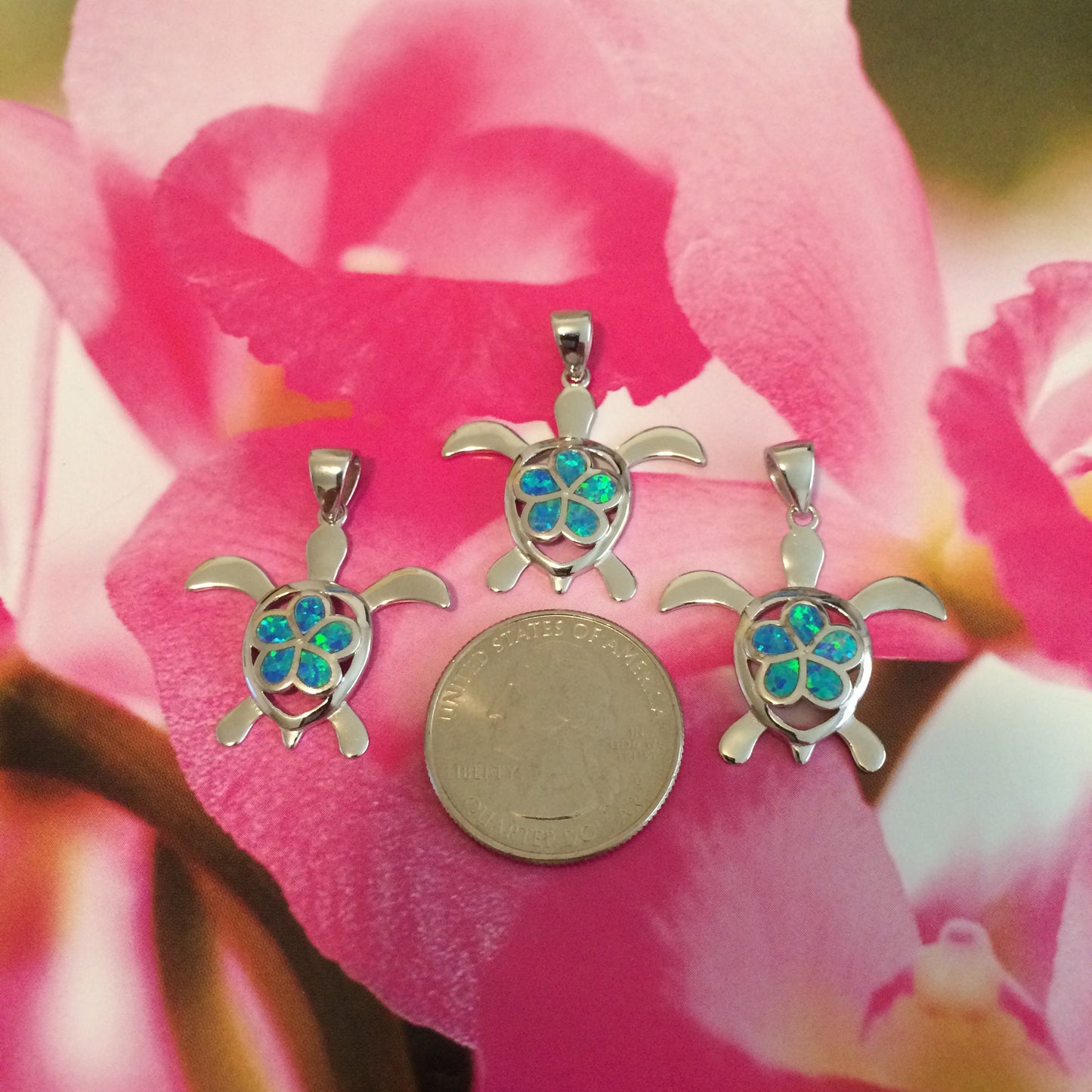 Hawaiian Large Plumeria Sea Turtle Pendant, Sterling Silver Turtle w. Blue Opal Plumeria Pendant, Christmas Birthday Gift