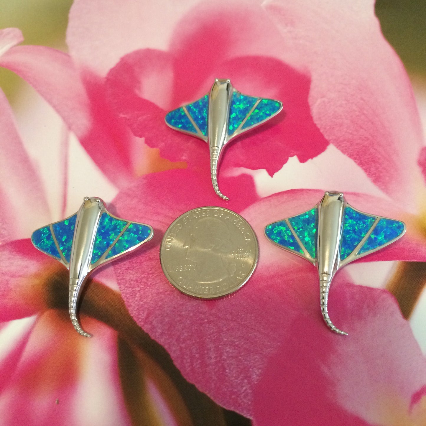 Hawaiian Large Blue Opal Stingray Pendant, Sterling Silver Blue Opal Sting Ray Pendant, Christmas Anniversary Birthday Gift