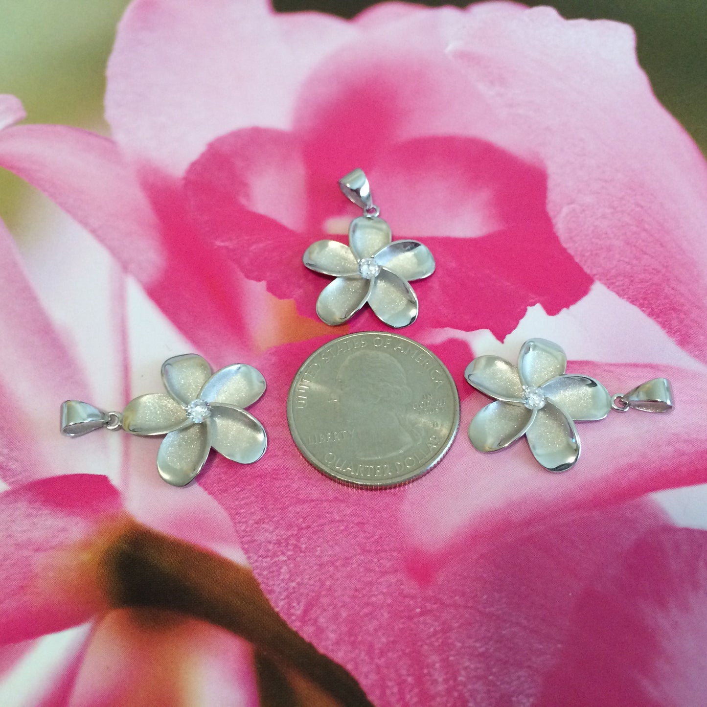 Hawaiian Plumeria Pendant, Silver Plumeria W. CZ Pendant, Hawaiian Jewelry Christmas Present, Anniversary Gift, Birthday Gift