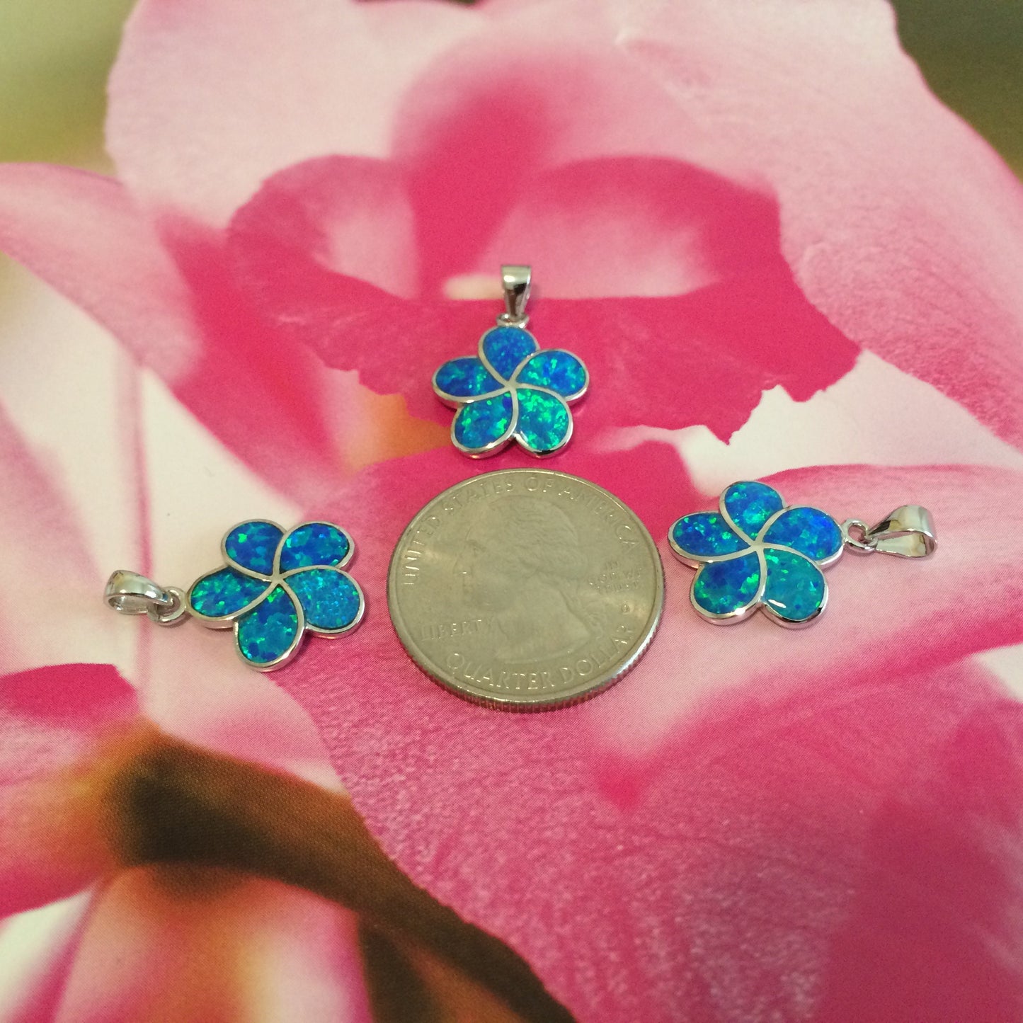 Hawaiian Blue Opal Plumeria Pendant, Silver Blue Opal Inlay Plumeria Pendant, Christmas Anniversary Birthday Mom Gift