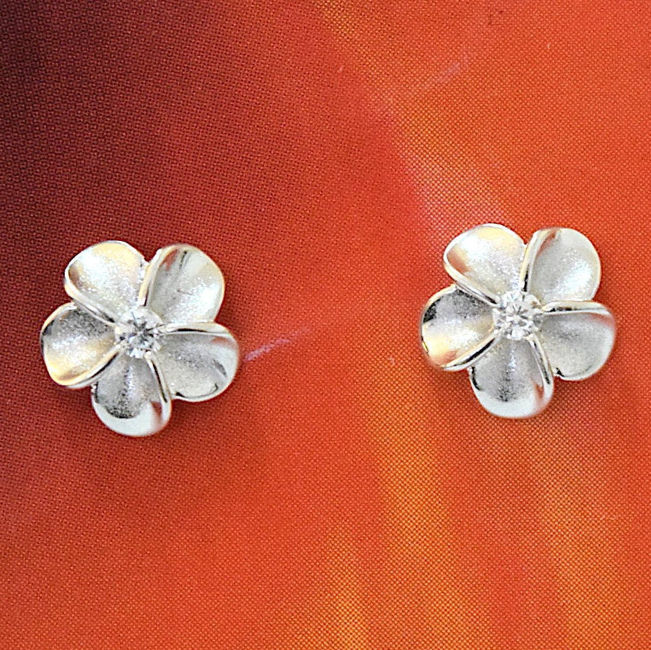 Hawaiian Small Plumeria Earrings, Sterling Silver Plumeria CZ Stud Earrings, W4003 Hawaiian Jewelry, Christmas Present