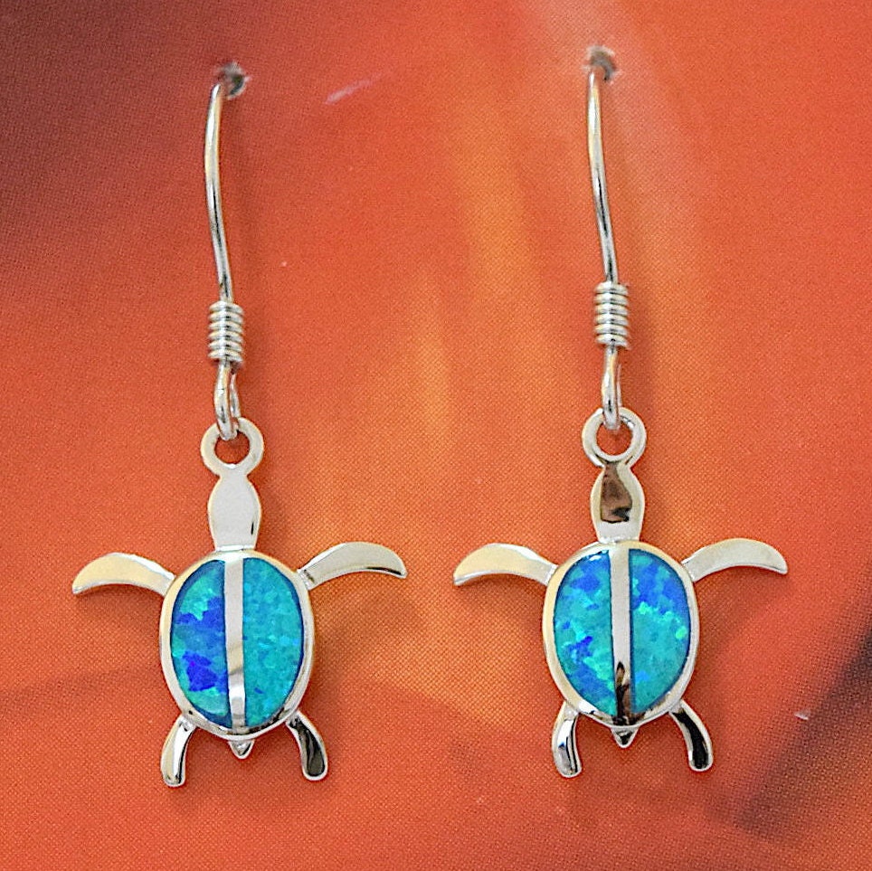 Hawaiian Blue Opal Sea Turtle Earrings, Sterling Silver Blue Opal Sea Turtle Dangle Earrings, Christmas Present Birthday Gift