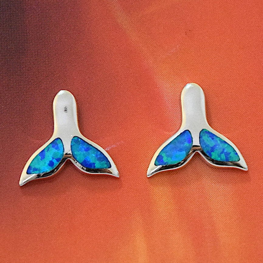 Hawaiian Blue Opal Dolphin Tail Earrings, Sterling Silver Blue Opal Dolphin Tail Stud Earrings, Christmas Birthday Gift