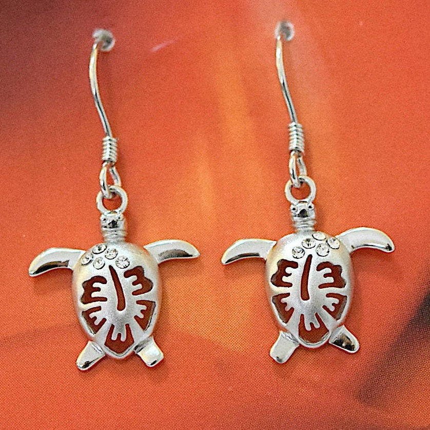 Hawaiian Hibiscus Sea Turtle Earrings, Sterling Silver Turtle Hibiscus CZ Dangle Earrings, Christmas Mom Birthday Gift