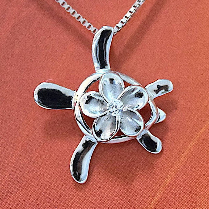 Hawaiian Sea Turtle Plumeria Pendant, Sterling Silver Turtle Plumeria CZ Pendant, Christmas Anniversary Birthday Gift