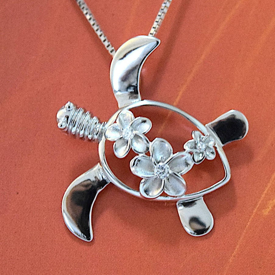 Hawaiian Sea Turtle 3 Plumeria Pendant, Sterling Silver Turtle 3 Plumeria CZ Pendant, Hawaiian Jewelry, Christmas Mom Birthday Gift