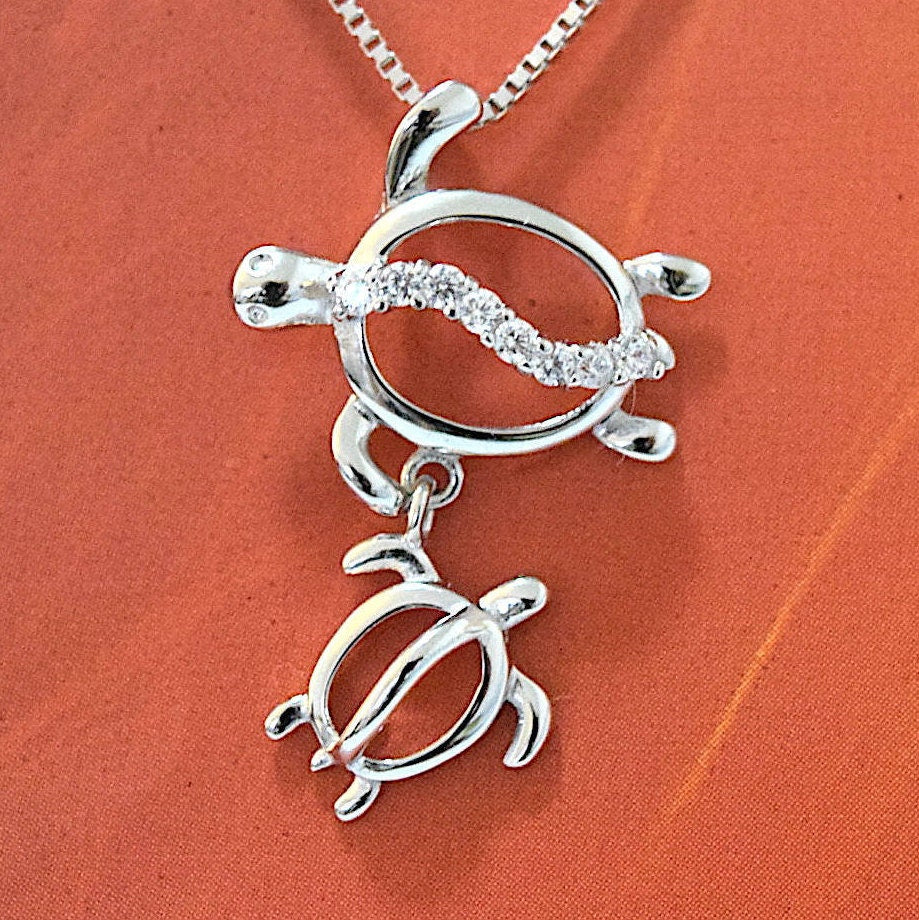 Hawaiian Mom & Small Sea Turtle Pendant, Sterling Silver 2 Turtle CZ Pendant, Hawaiian Jewelry, Christmas Mom Birthday Gift