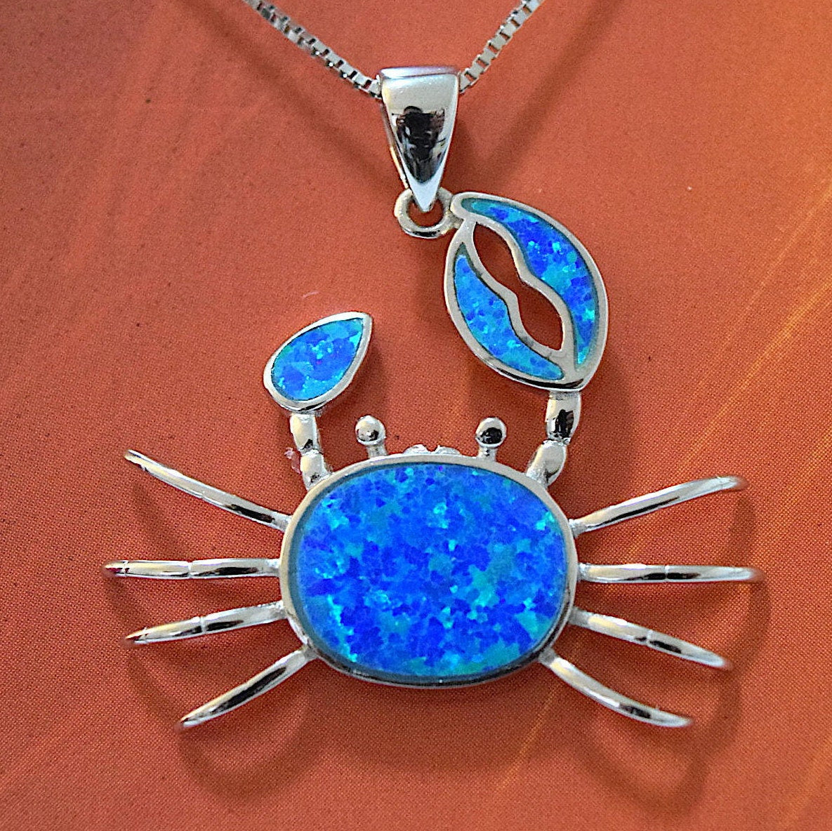 Hawaiian Large Blue Opal Crab Pendant, Sterling Silver Blue Opal Inlay Crab Pendant, Christmas Anniversary Birthday Mom Gift