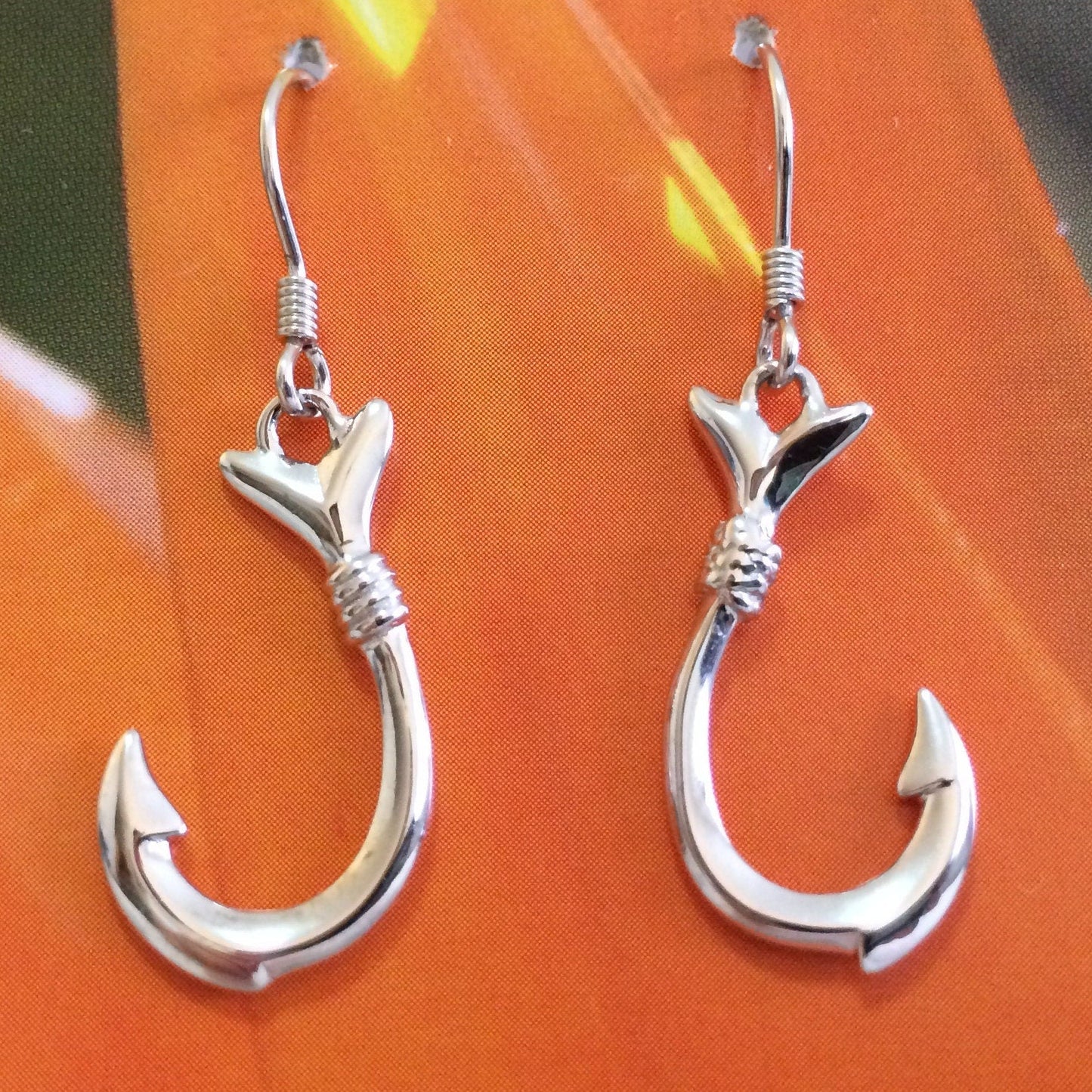 Hawaiian Large 3D Fish Hook Earrings, Sterling Silver Fish Hook Dangle Earrings, W4140 Mother Birthday Anniversary Gift