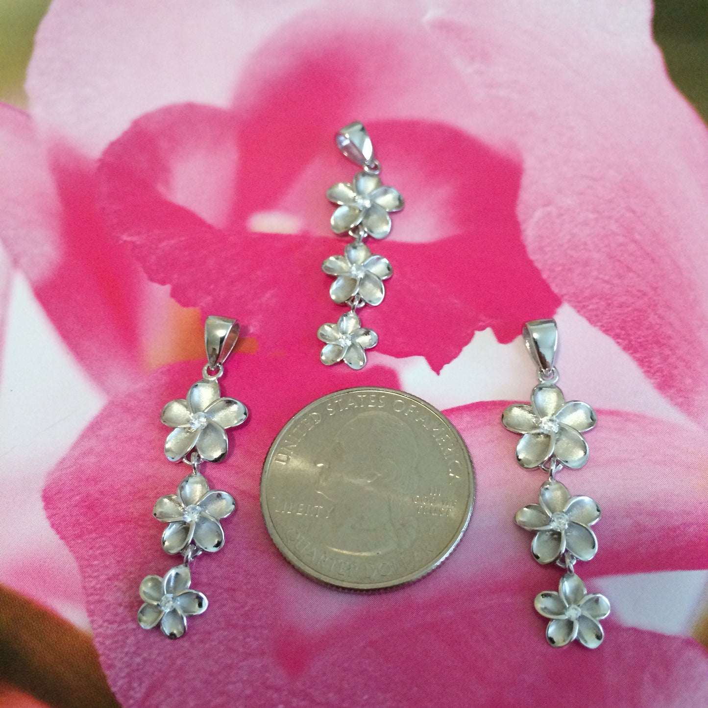 Hawaiian 3 Plumeria Pendant, Sterling Silver 3 Plumeria CZ Pendant, Hawaiian Jewelry, Christmas Anniversary Birthday Gift