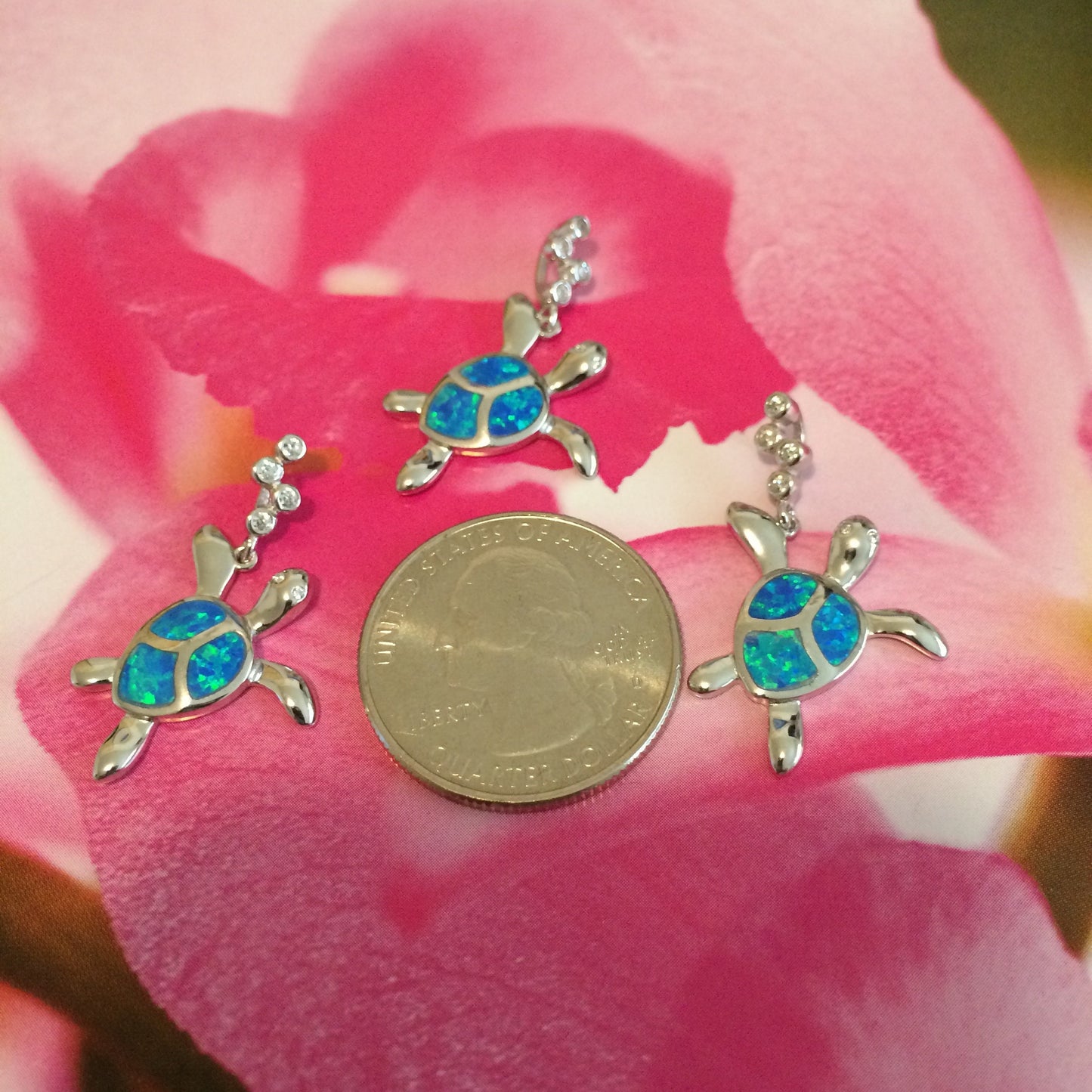 Hawaiian Blue Opal Sea Turtle Pendant, Sterling Silver Blue Opal Inlay Sea Turtle CZ Pendant, Christmas Mom Birthday Gift