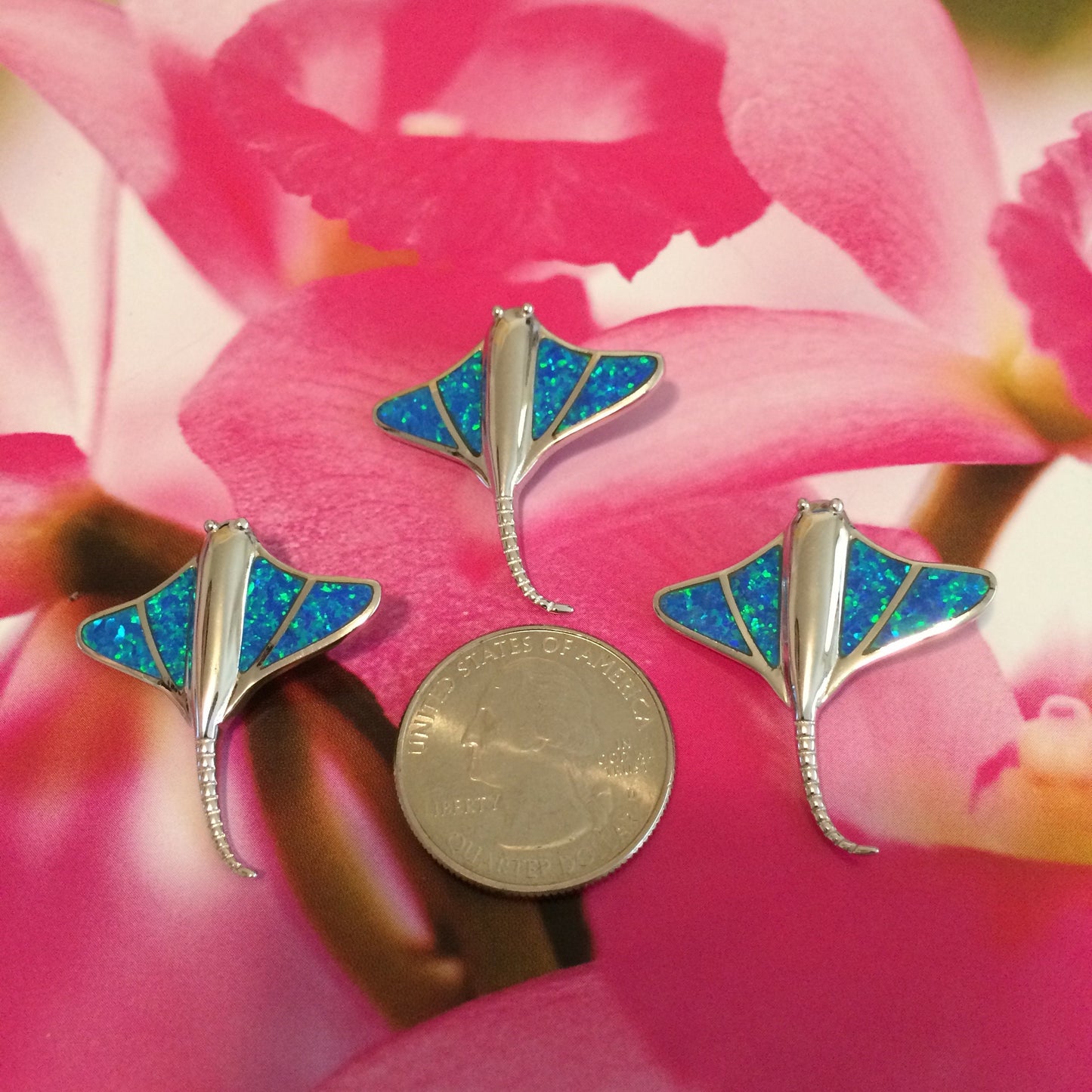 Hawaiian Blue Opal Stingray Pendant, Sterling Silver Blue Opal Sting Ray Pendant, Christmas Anniversary Birthday Mom Gift