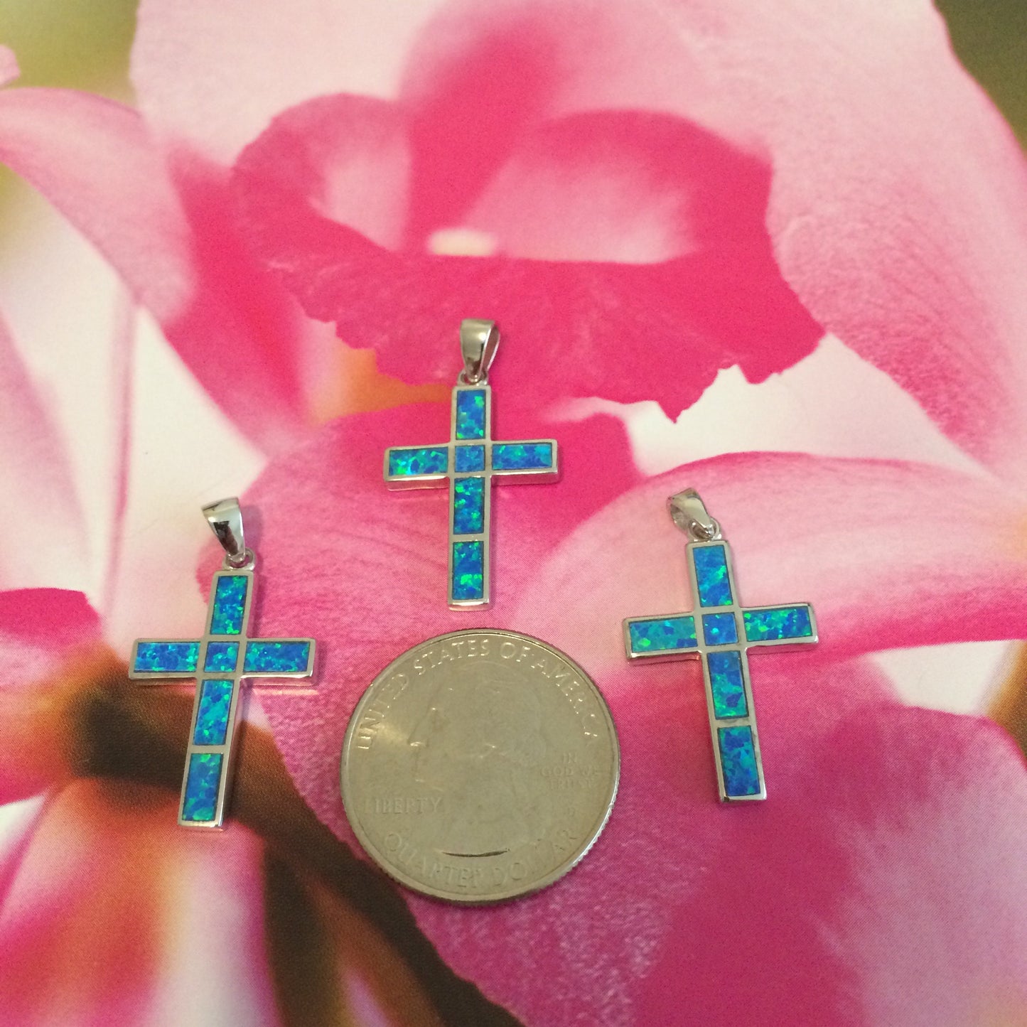 Hawaiian Blue Opal Cross Pendant, Sterling Silver Blue Opal Inlay Cross Pendant, Christmas Anniversary Birthday Gift