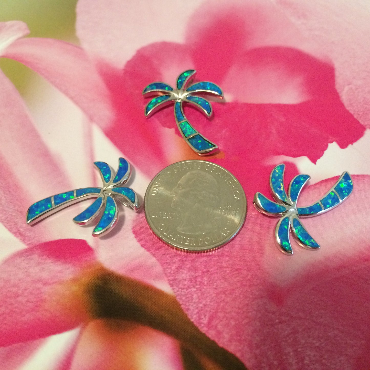 Hawaiian Large Palm Tree Pendant, Sterling Silver Blue Opal Palm Tree Pendant, Hawaiian Jewelry, Christmas Present, Birthday Gift