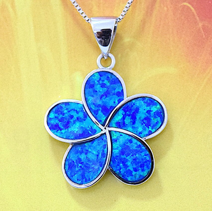 Hawaiian Large Blue Opal Plumeria Pendant, Sterling Silver Blue Opal Inlay Plumeria Pendant, Christmas Mom Birthday Gift