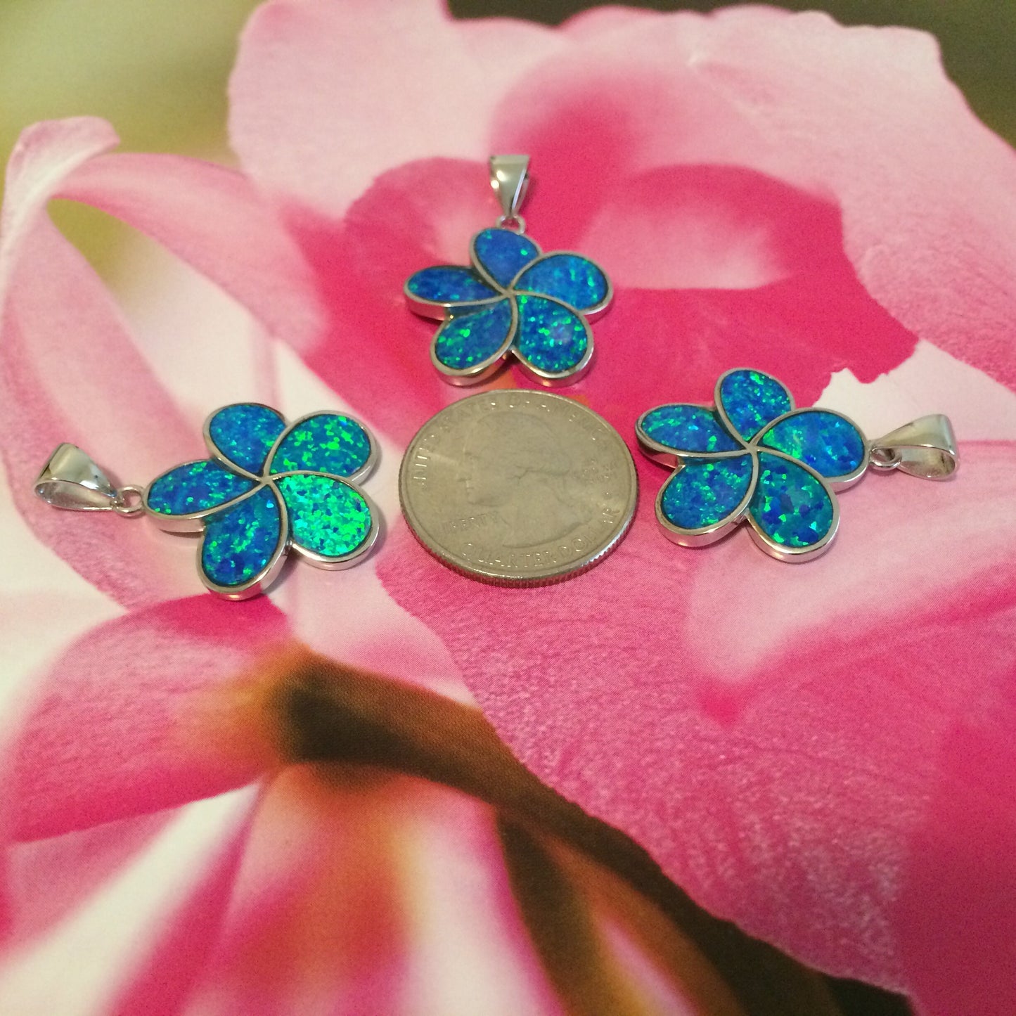 Hawaiian Large Blue Opal Plumeria Pendant, Sterling Silver Blue Opal Inlay Plumeria Pendant, Christmas Mom Birthday Gift