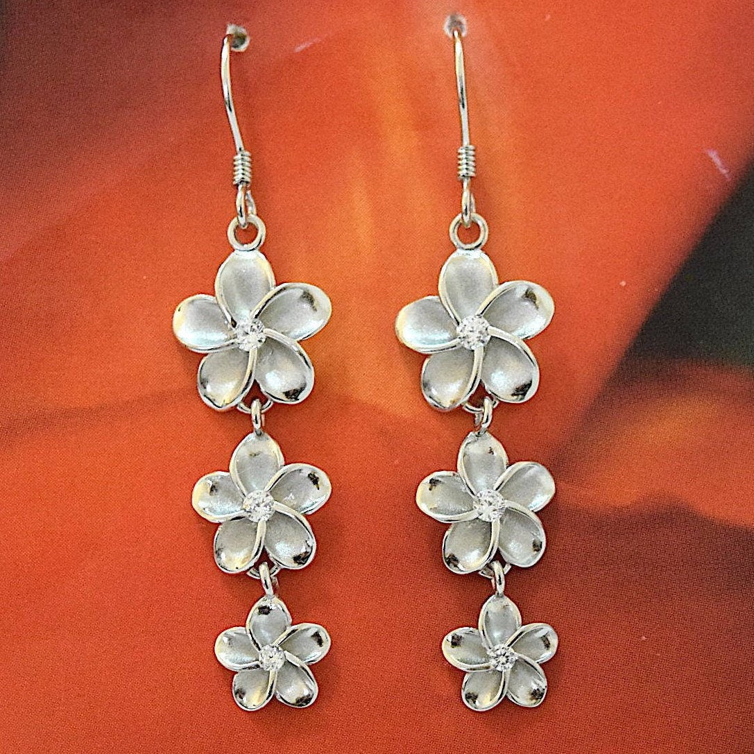 Hawaiian Large 3 Plumeria Earrings, Sterling Silver 3 Plumeria CZ Dangle Earrings, Hawaiian Jewelry, Christmas Present, Birthday Gift