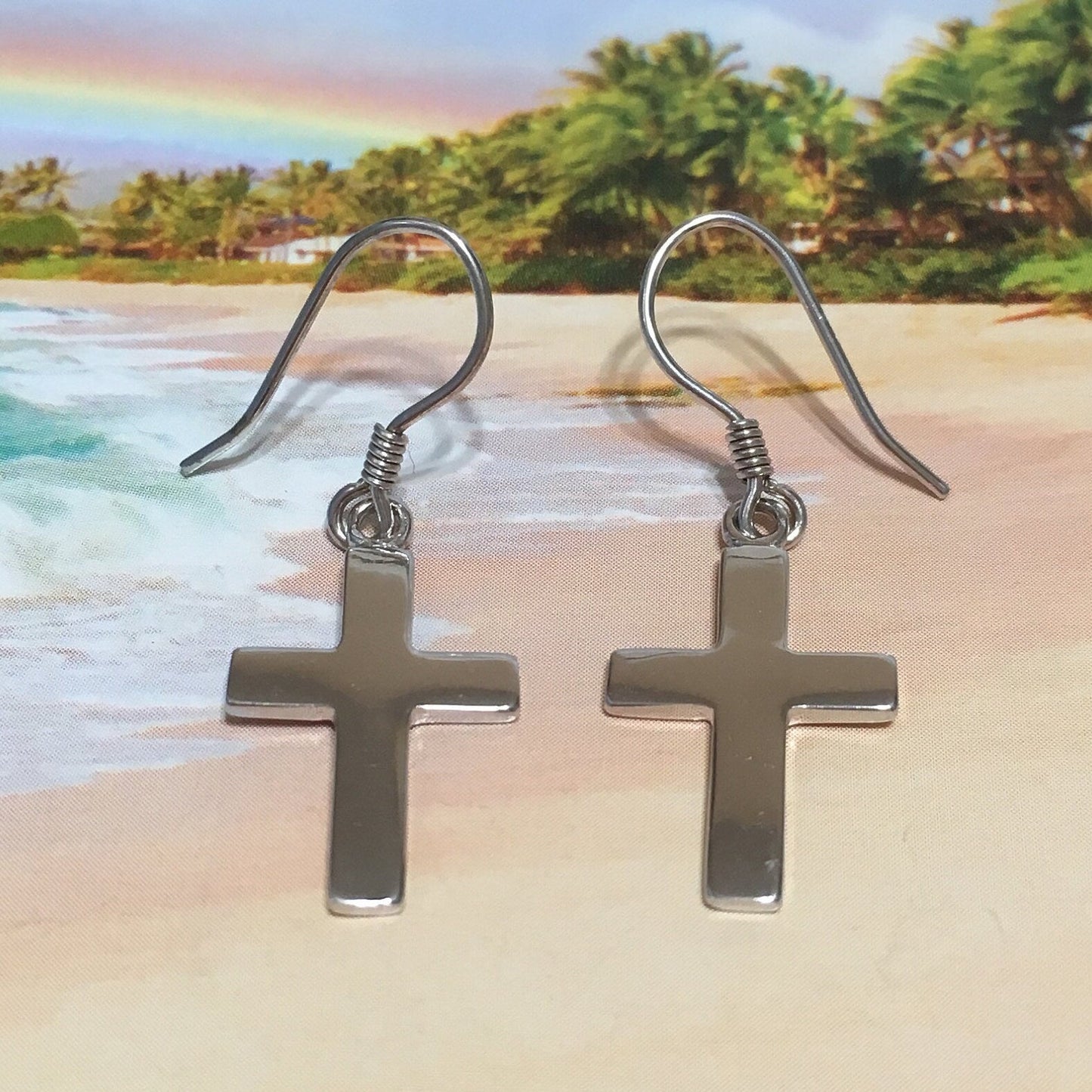 Hawaiian Large Cross Earrings, Sterling Silver High-Polished Cross Earrings, E4138A Christian Faith Jewelry, Mother Birthday Gift