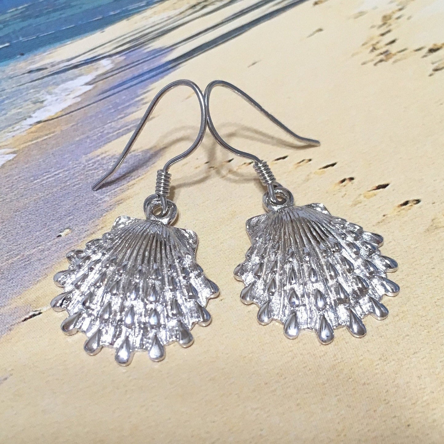 Hawaiian Large Seashell Earrings, Sterling Silver Sea Shell Dangle Earrings, W4143 Mother Birthday Mom Gift