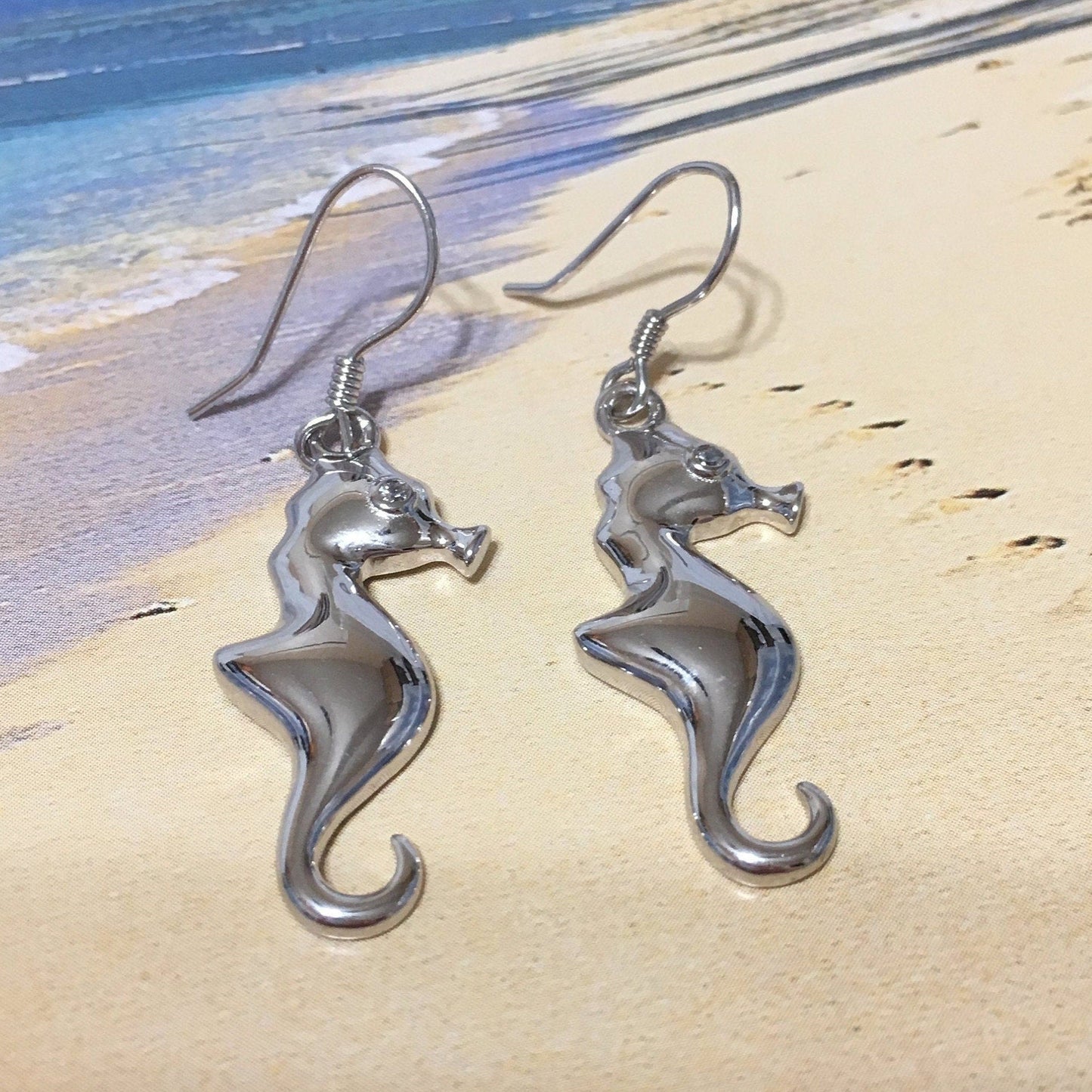 Hawaiian Large Seahorse Earrings, Sterling Silver Sea Horse Dangle Earrings, W4155 Birthday Wife Mom Mother Gift
