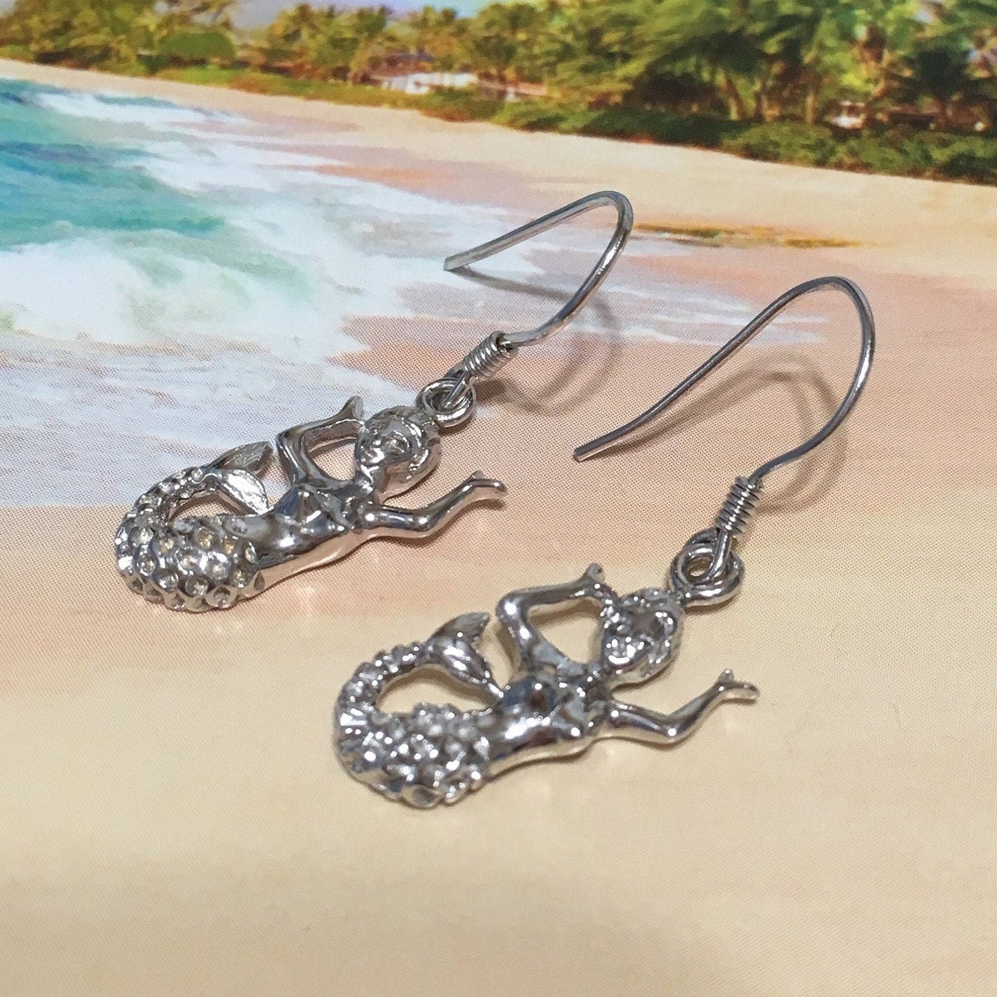 Hawaiian Large Mermaid Earrings, Sterling Silver Mermaid Dangle Earrings, E4137A Christmas Birthday Mom Gift