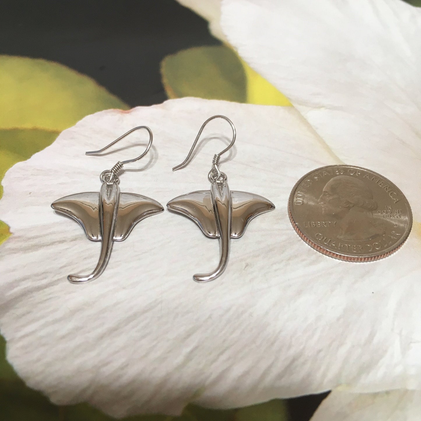 Hawaiian X-Large Stingray Earrings, Sterling Silver Sting Ray Dangle Earrings, W4153 Birthday Wife Mom Mother Gift, Island Jewelry