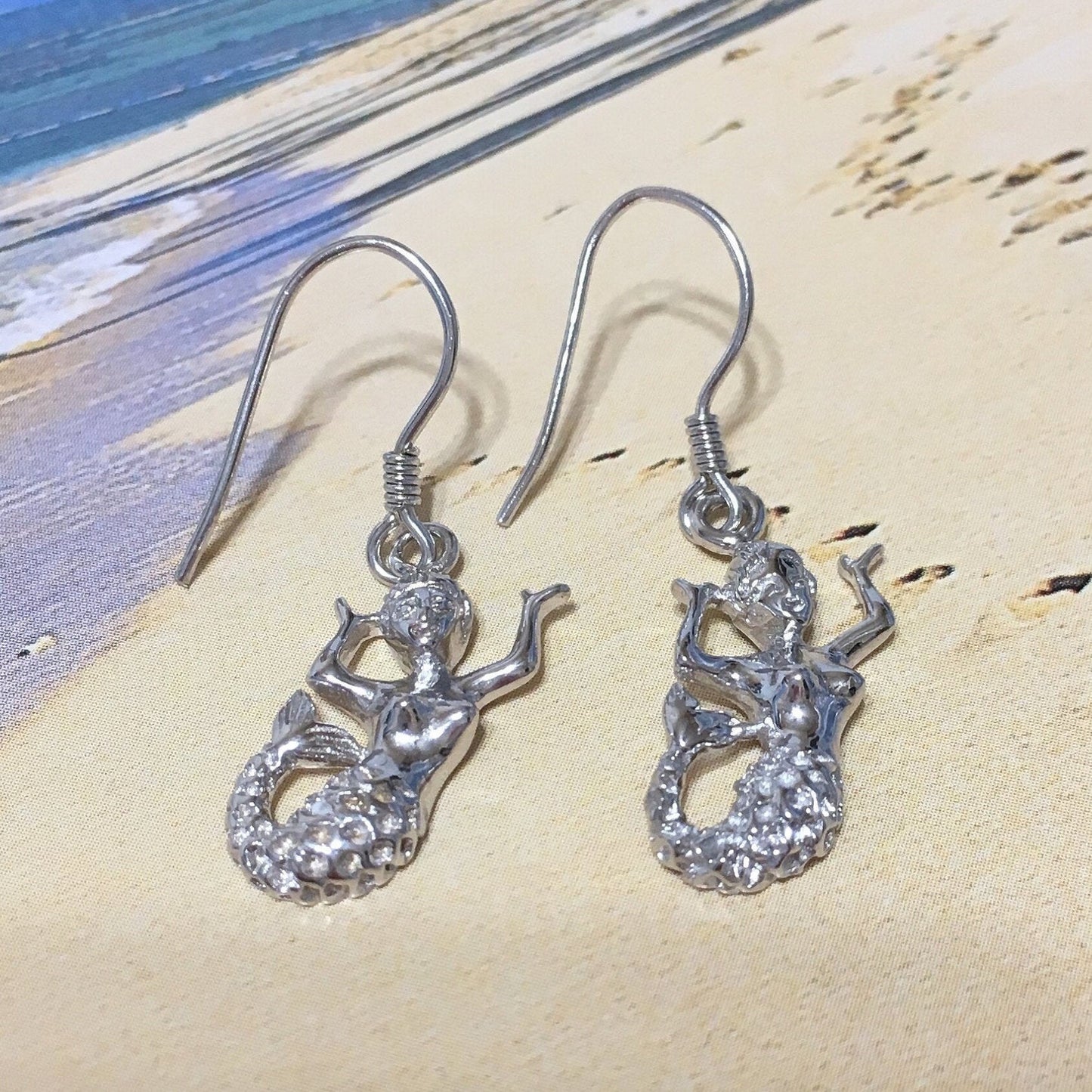 Hawaiian Large Mermaid Earrings, Sterling Silver Mermaid Dangle Earrings, E4137A Christmas Birthday Mom Gift