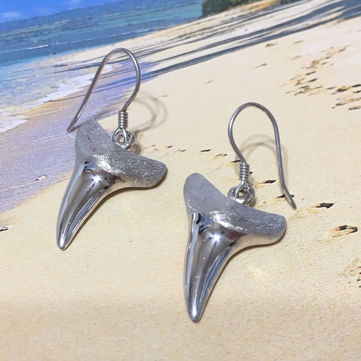 Hawaiian Large 3D Shark Teeth Earrings, Sterling Silver Shark Teeth Dangle Earrings, E4148A Mother Birthday Mom Gift