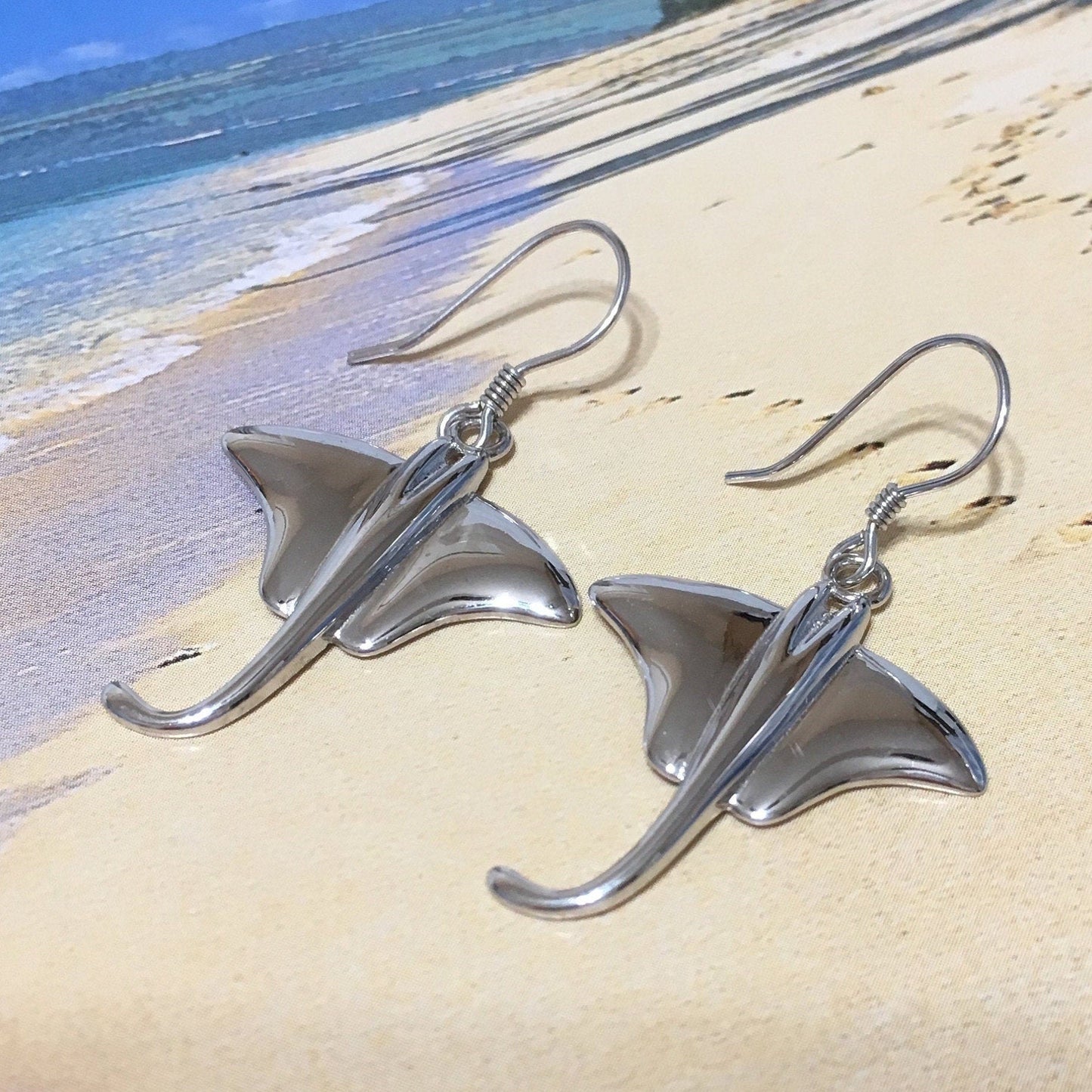 Hawaiian X-Large Stingray Earrings, Sterling Silver Sting Ray Dangle Earrings, W4153 Birthday Wife Mom Mother Gift, Island Jewelry