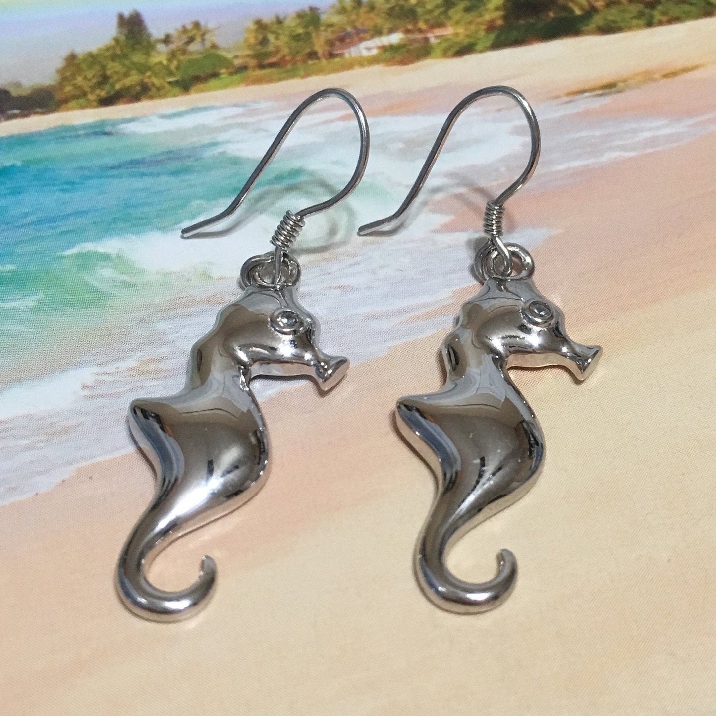 Hawaiian Large Seahorse Earrings, Sterling Silver Sea Horse Dangle Earrings, W4155 Birthday Wife Mom Mother Gift