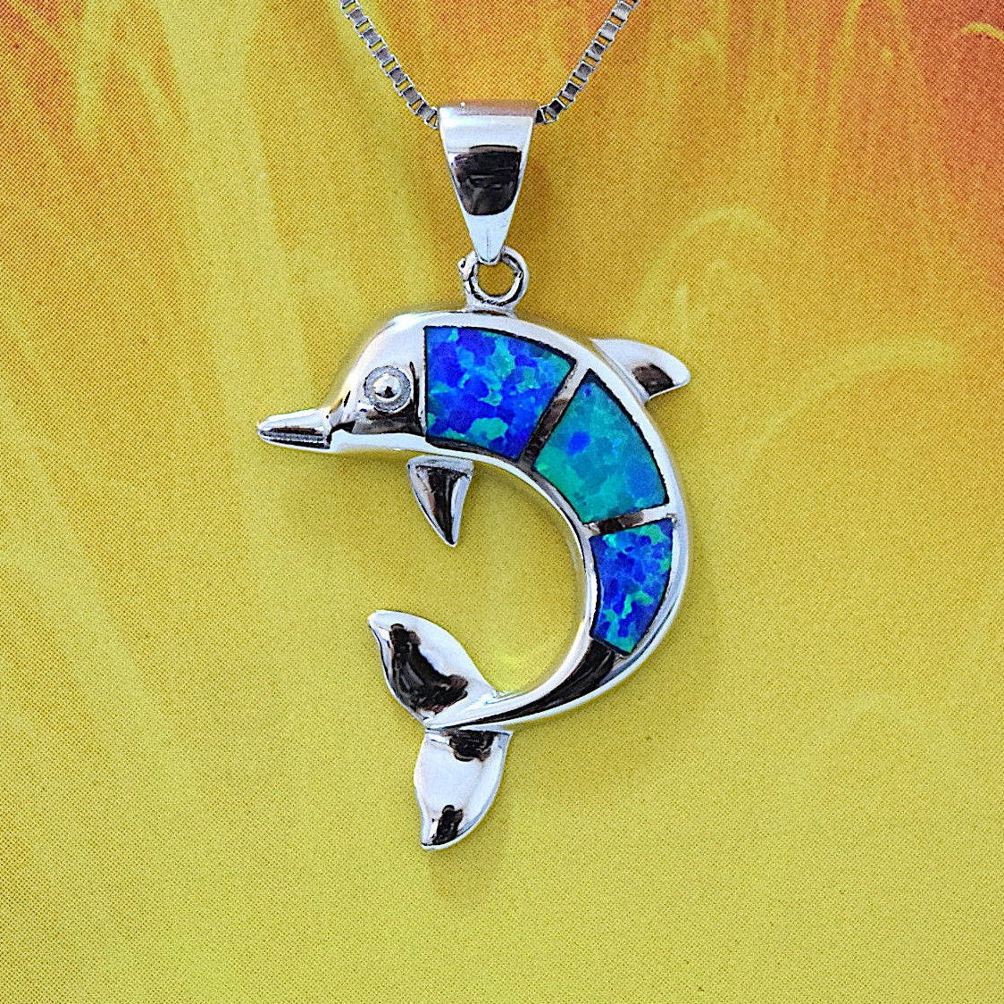 Hawaiian Blue Opal Dolphin Pendant, Sterling Silver Blue Opal Inlay Dolphin Pendant, Christmas Anniversary Birthday Mom Gift