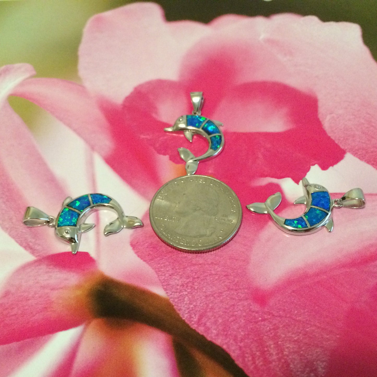 Hawaiian Blue Opal Dolphin Pendant, Sterling Silver Blue Opal Inlay Dolphin Pendant, Christmas Anniversary Birthday Mom Gift