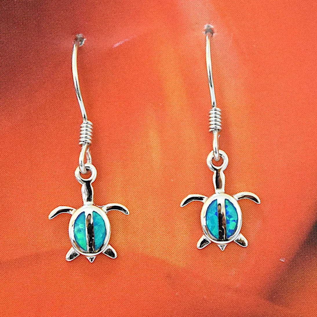 Hawaiian Small Blue Opal Sea Turtle Earrings, Sterling Silver Blue Opal Inlay Turtle Dangle Earrings, Christmas Birthday Gift